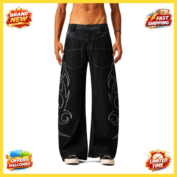 Unisex Barrel Jeans with Embroidery, Loose Wide Leg Fit, 81% Cotton Denim